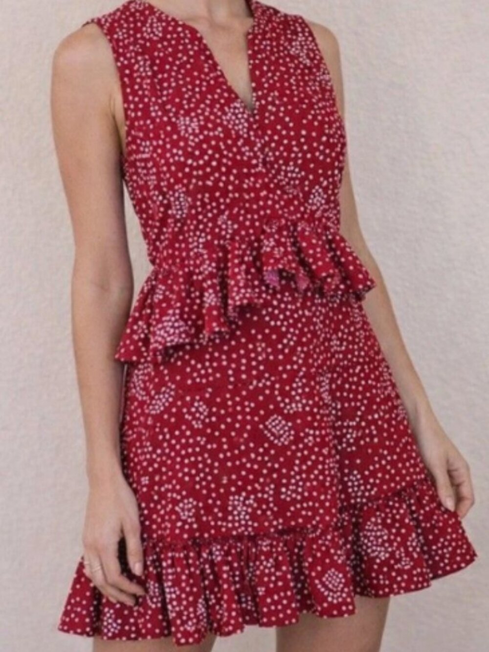 Women's Red White Polka Dot Sleeveless Ruffled V-Neck Flare Dress Size Large